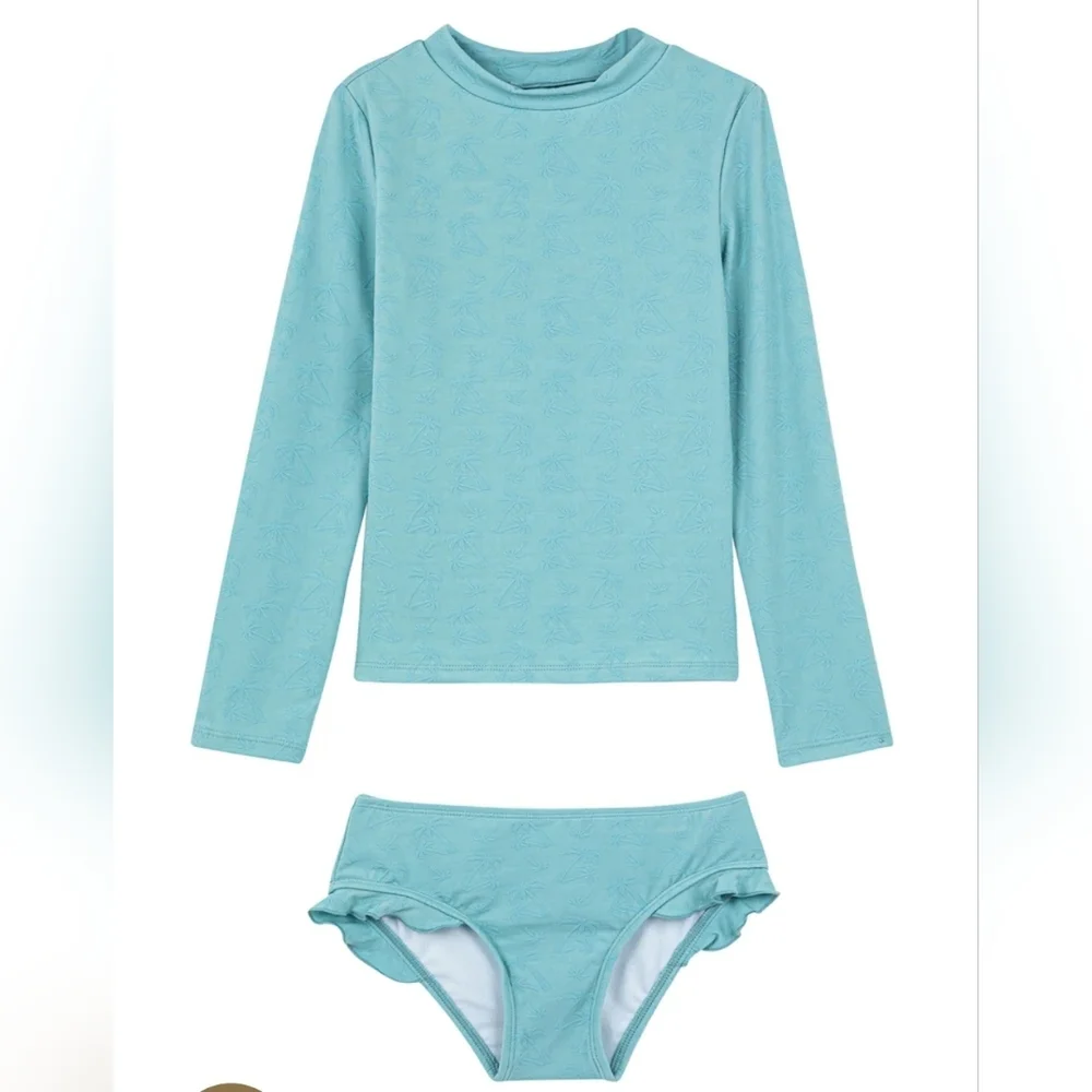 Gottex Kids Swim Set Long Sleeve Rashgaurd Teal Blue Palm Print Size 5 NEW
